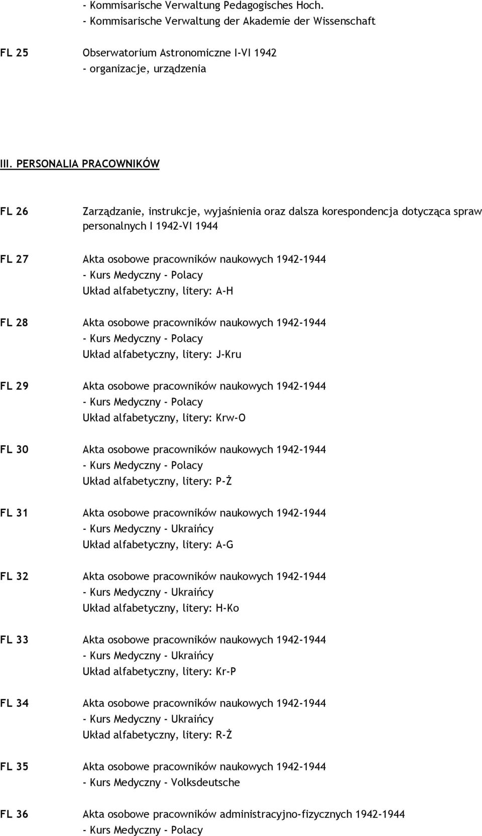 alfabetyczny, litery: A-H FL 28 Akta osobowe pracowników naukowych 1942-1944 Układ alfabetyczny, litery: J-Kru FL 29 Akta osobowe pracowników naukowych 1942-1944 Układ alfabetyczny, litery: Krw-O FL