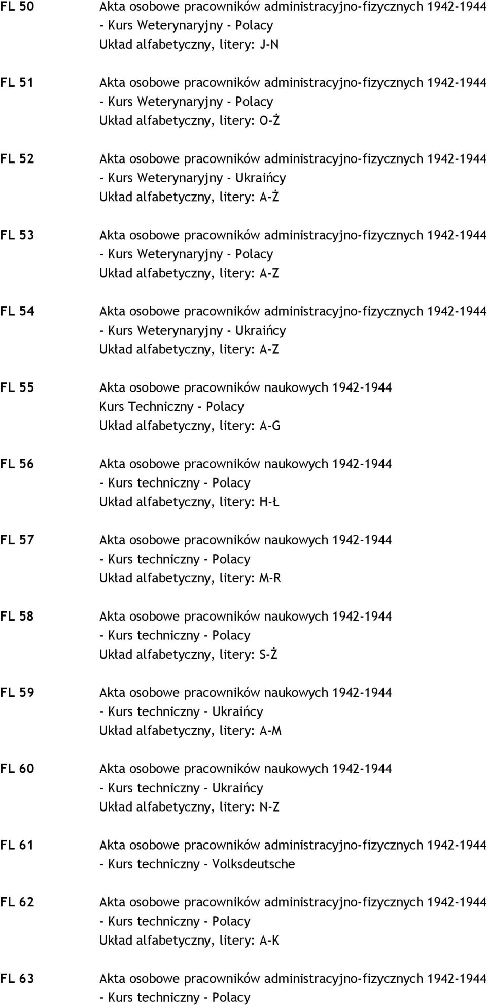 Akta osobowe pracowników administracyjno-fizycznych 1942-1944 - Kurs Weterynaryjny - Polacy Układ alfabetyczny, litery: A-Z FL 54 Akta osobowe pracowników administracyjno-fizycznych 1942-1944 - Kurs