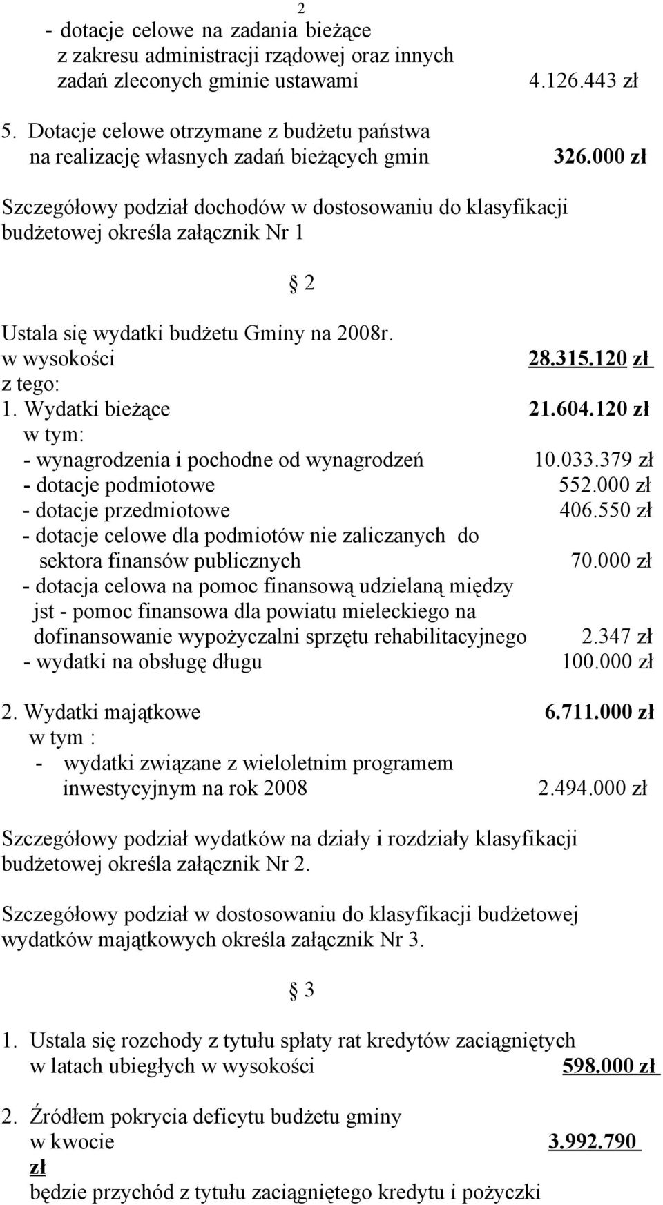 000 zł Szczegółowy podział dochodów w dostosowaniu do klasyfikacji budżetowej określa załącznik Nr 1 2 Ustala się wydatki budżetu Gminy na 2008r. w wysokości 28.315.120 zł z tego: 1.