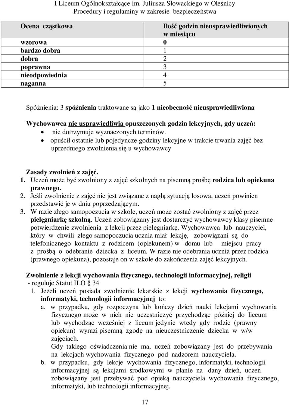 opuścił ostatnie lub pojedyncze godziny lekcyjne w trakcie trwania zajęć bez uprzedniego zwolnienia się u wychowawcy Zasady zwolnień z zajęć. 1.