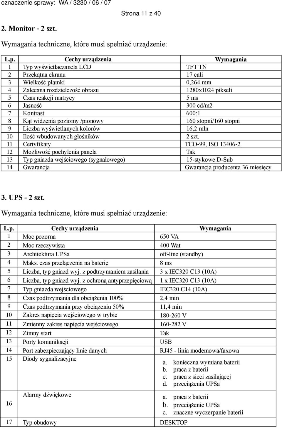 Cechy urządzenia Wymagania 1 Typ wyświetlaczanela LCD TFT TN 2 Przekątna ekranu 17 cali 3 Wielkość plamki 0,264 mm 4 Zalecana rozdzielczość obrazu 1280x1024 pikseli 5 Czas reakcji matrycy 5 ms 6