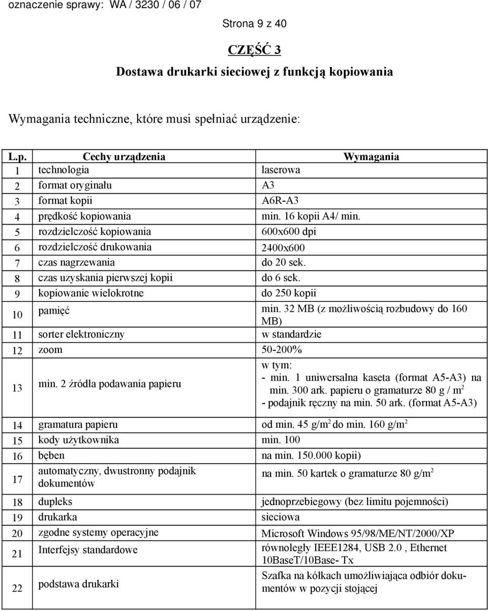 9 kopiowanie wielokrotne do 250 kopii 10 pamięć min. 32 MB (z możliwością rozbudowy do 160 MB) 11 sorter elektroniczny w standardzie 12 zoom 50-200% 13 min. 2 źródła podawania papieru w tym: - min.