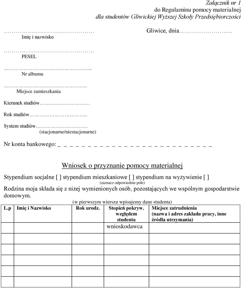 (stacjonarne/niestacjonarne) Nr konta bankowego: Wniosek o przyznanie pomocy materialnej Stypendium socjalne [ ] stypendium mieszkaniowe [ ] stypendium na wyżywienie [ ] (zaznacz