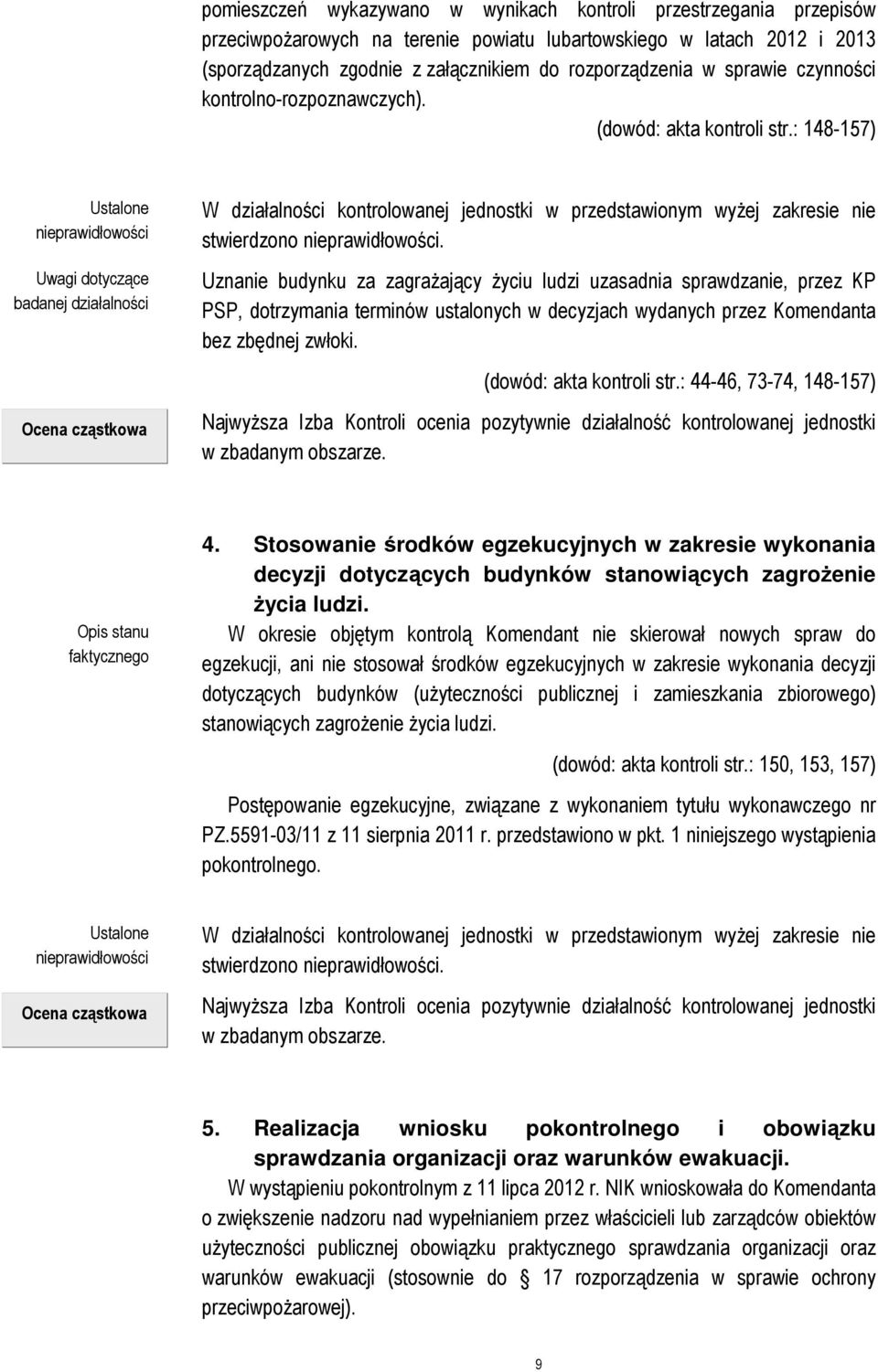 : 148-157) Ustalone nieprawidłowości Uwagi dotyczące badanej działalności Ocena cząstkowa W działalności kontrolowanej jednostki w przedstawionym wyżej zakresie nie stwierdzono nieprawidłowości.