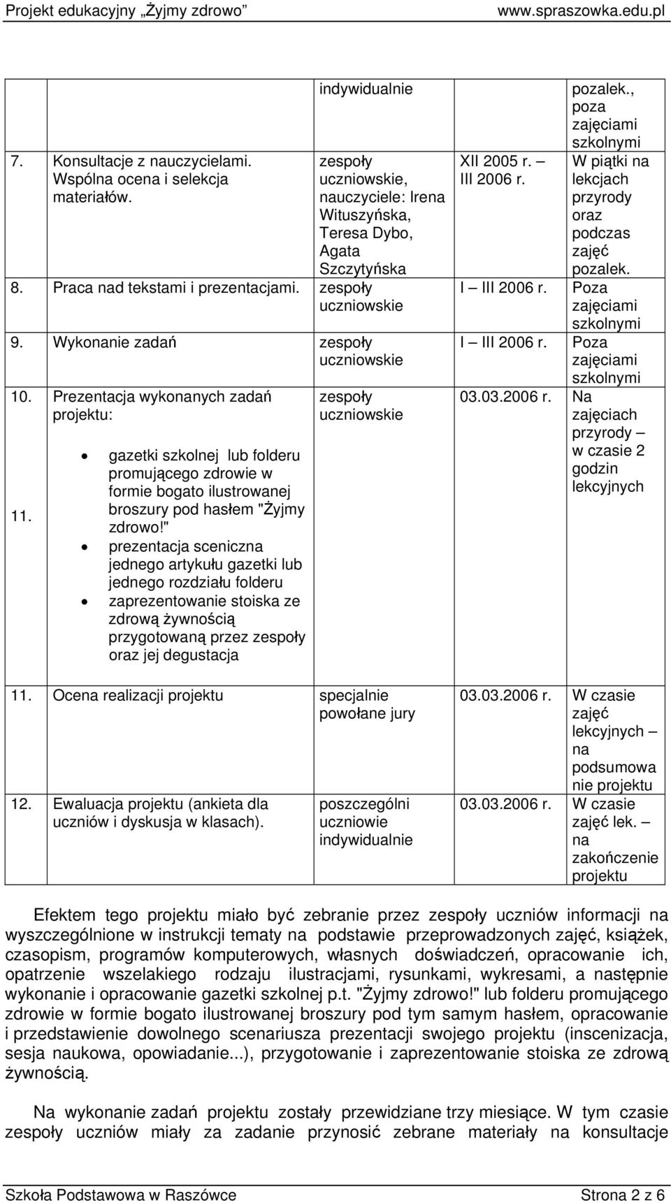 Prezentacja wykonanych zadań projektu: gazetki szkolnej lub folderu promującego zdrowie w formie bogato ilustrowanej broszury pod hasłem "Żyjmy zdrowo!