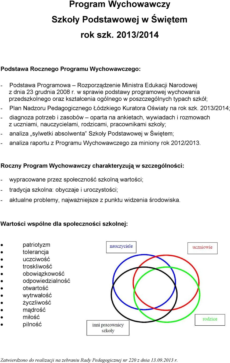 2013/2014; - diagnoza potrzeb i zasobów oparta na ankietach, wywiadach i rozmowach z uczniami, nauczycielami, rodzicami, pracownikami szkoły; - analiza sylwetki absolwenta Szkoły Podstawowej w