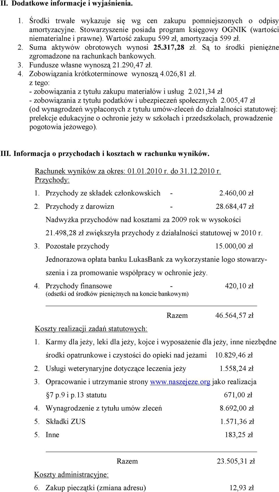 Są to środki pieniężne zgromadzone na rachunkach bankowych. 3. Fundusze własne wynoszą 21.290,47 zł. 4. Zobowiązania krótkoterminowe wynoszą 4.026,81 zł.