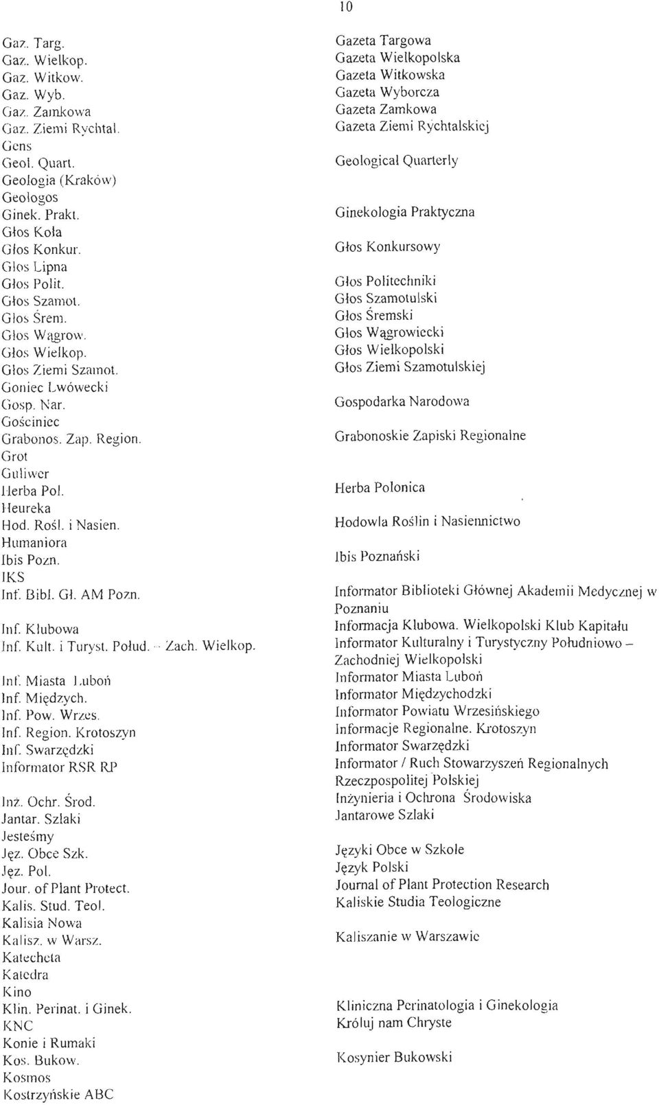 Humaniora Ibis Pozn. IKS lny. Bib!. Gl. AM Pozn. Inf. Klubowa Inf. Kult. i Turyst. Połud. - Zach. Wielkop. fnf. Mi asta Luboll lnf. Międzycl1. lny. Pow. Wrzes. fn f. Region. Krotoszyn Inf.