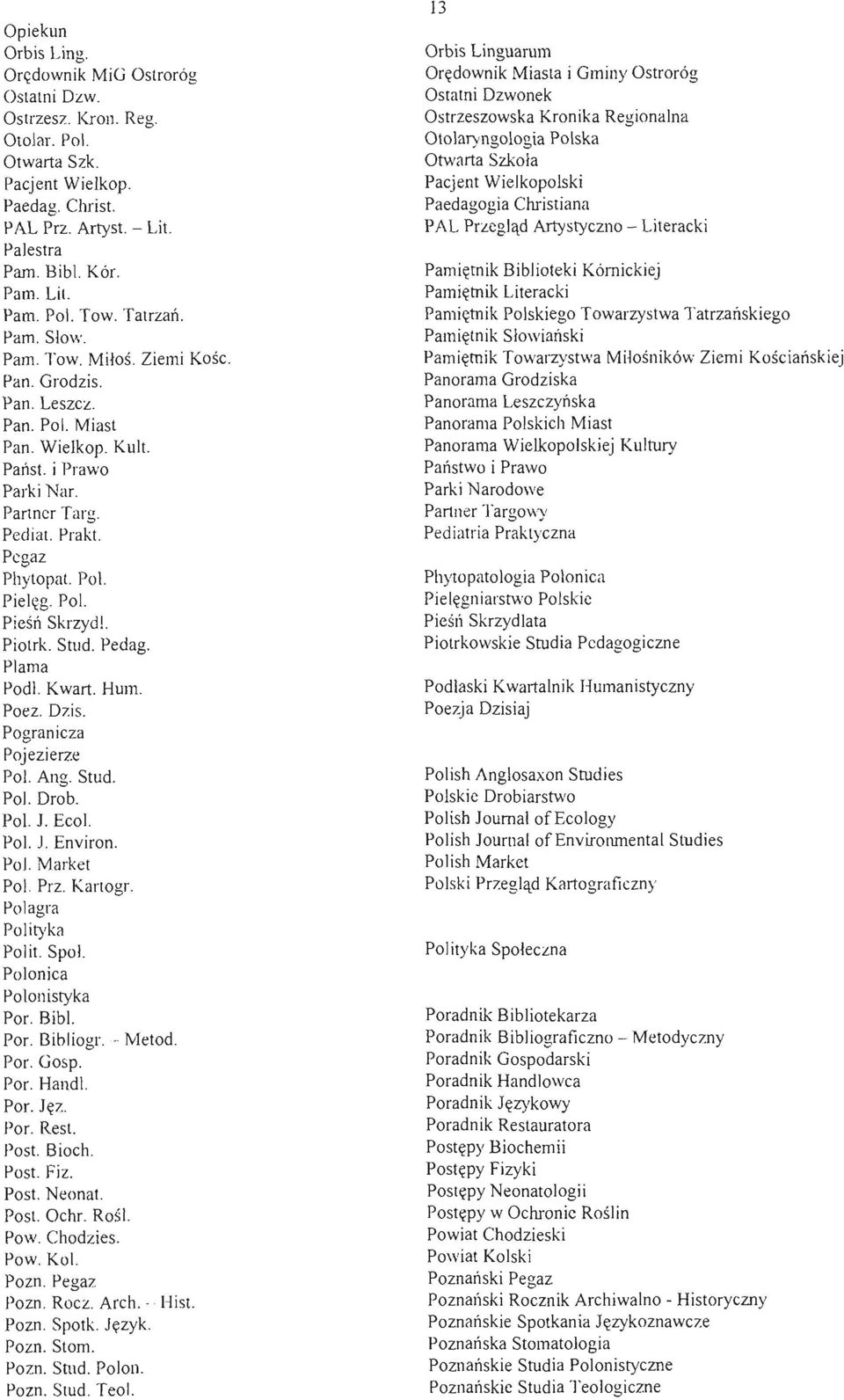 . Piolrk. Stud. Pedag. Plama Podl. Kwart. Hum. Poez. Dzis. Pogranicza Pojezierze PoJ. Ang. Stud. PoJ. Drob. PoJ. J. EcoJ. Pol. J. Environ. Pol. Market Pol. Prz. Kartogr. Polagra Polityka Polit. SpoI.