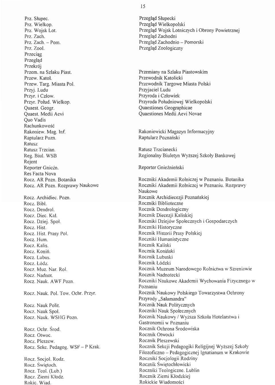 Res Facta Nova Rocz. AR Pozn. Botanika Rocz. AR Pozn. Rozprawy Naukowe Rocz. Archidiec. Pozn. Rocz. Bibl. Rocz. Dendrol. Rocz. Diec. Kal. Rocz. Dziej. Spal. Rocz. Hist. Rocz. I-list. Prasy Pol. Rocz. Hum.