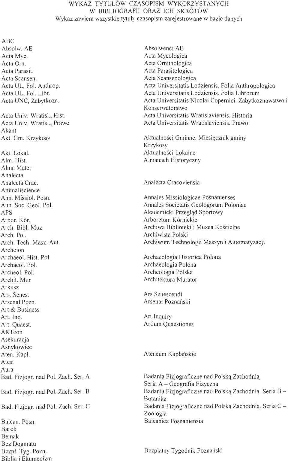 Alma Mater Analecta Analecta Crac. Animaliscience Ann. Missiol. Posn. Ann. Soc. Geol. Pol. APS Arbor. Kór. Arch. Bibl. Muz. Arch. Pol. Arch. Tech. Masz. Aut. Archeion Archaeol. HisL Pol. Archaeol. Pol. Archeol.