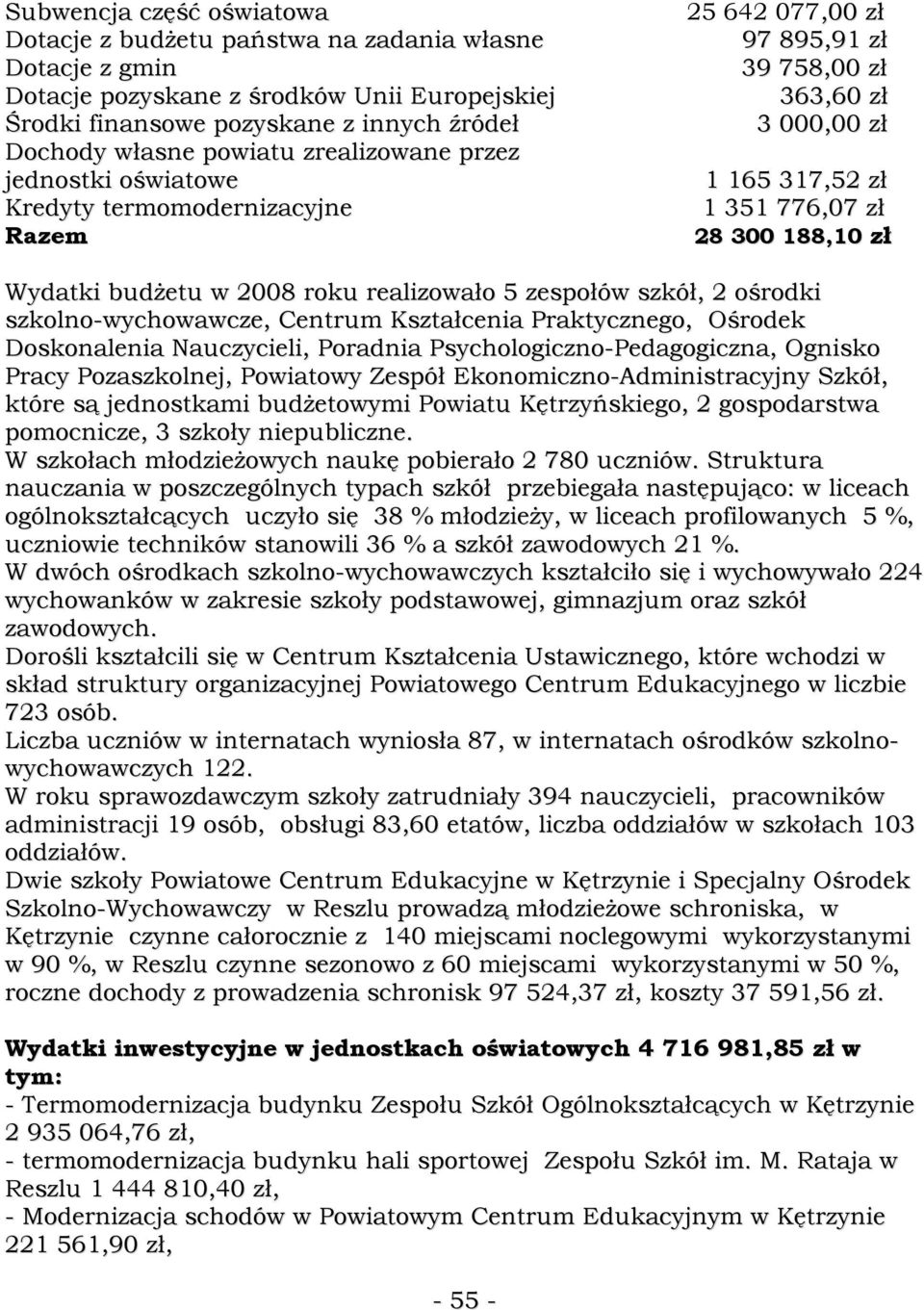 budŝetu w 2008 roku realizowało 5 zespołów szkół, 2 ośrodki szkolno-wychowawcze, Centrum Kształcenia Praktycznego, Ośrodek Doskonalenia Nauczycieli, Poradnia Psychologiczno-Pedagogiczna, Ognisko