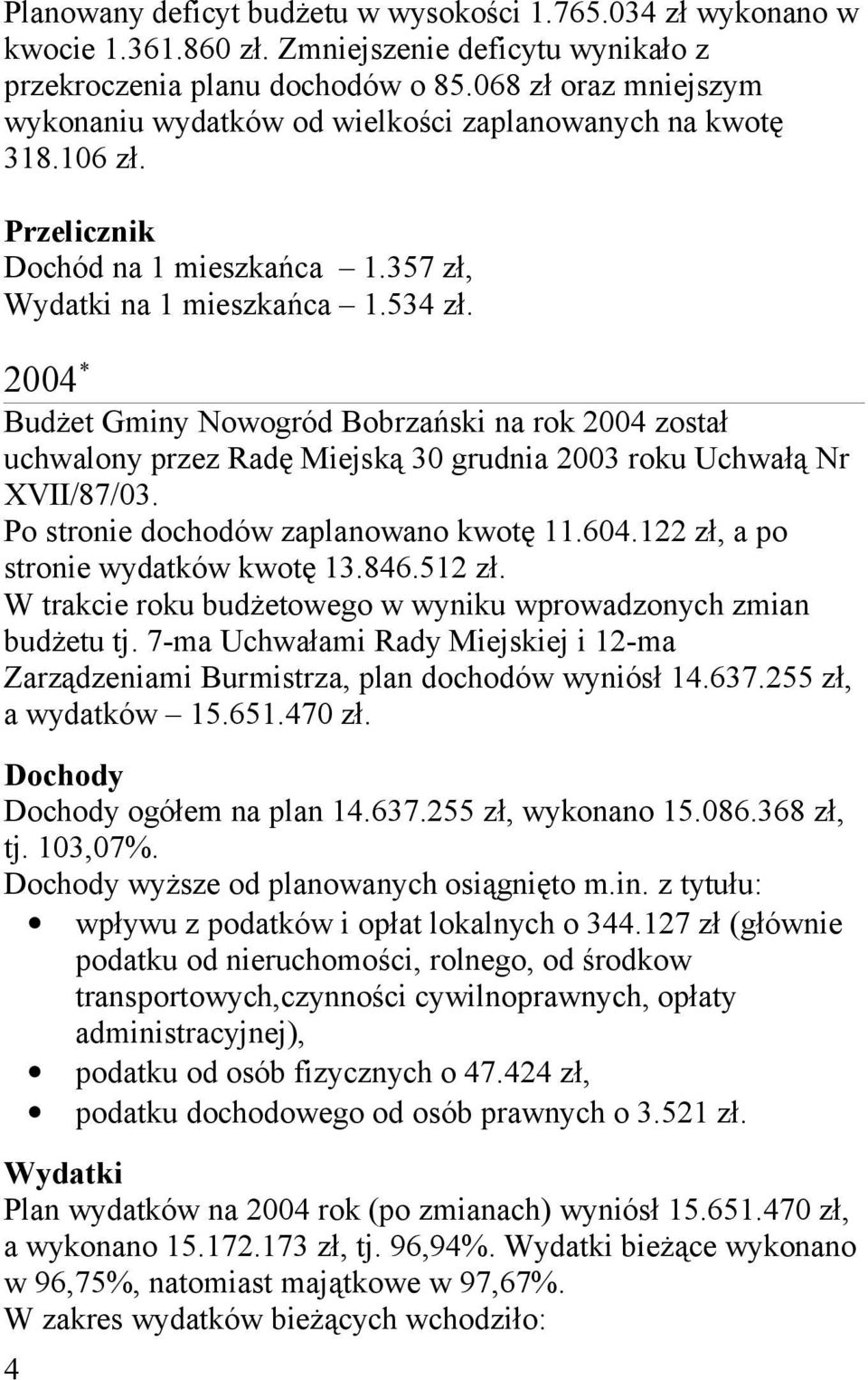 2004 * Budżet Gminy Nowogród Bobrzański na rok 2004 został uchwalony przez Radę Miejską 30 grudnia 2003 roku Uchwałą Nr XVII/87/03. Po stronie dochodów zaplanowano kwotę 11.604.
