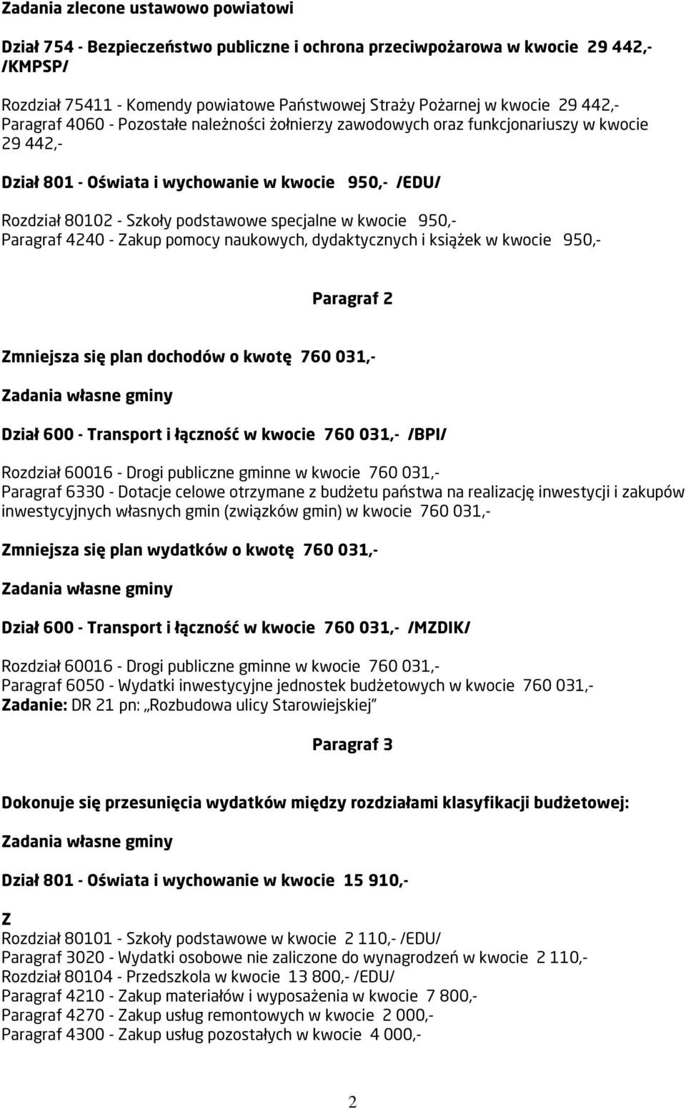 specjalne w kwocie 950,- Paragraf 4240 - akup pomocy naukowych, dydaktycznych i książek w kwocie 950,- Paragraf 2 mniejsza się plan dochodów o kwotę 760 031,- adania własne gminy Dział 600 -