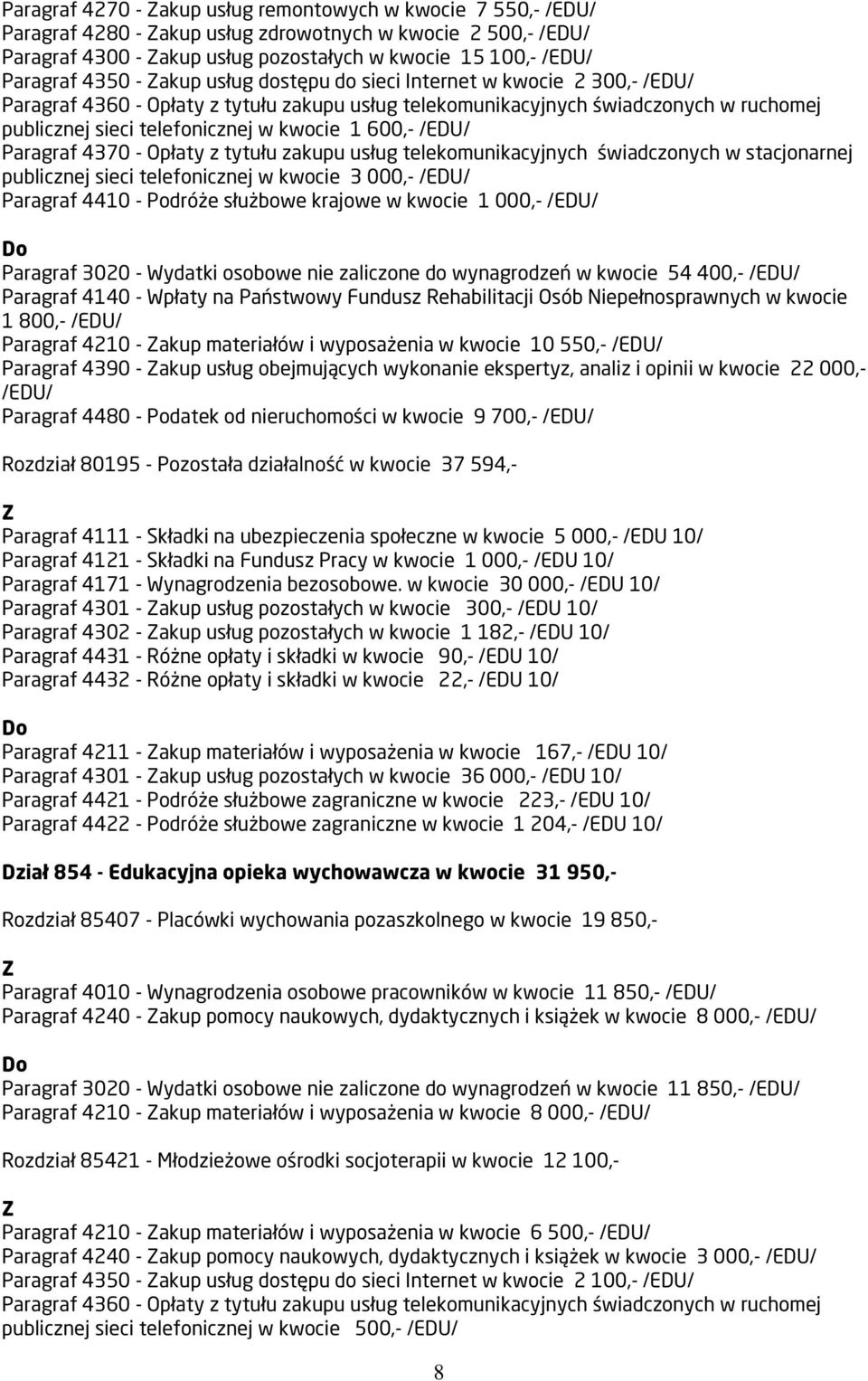 w stacjonarnej publicznej sieci telefonicznej w kwocie 3 000,- /EDU/ Paragraf 4410 - Podróże służbowe krajowe w kwocie 1 000,- /EDU/ Paragraf 3020 - Wydatki osobowe nie zaliczone do wynagrodzeń w