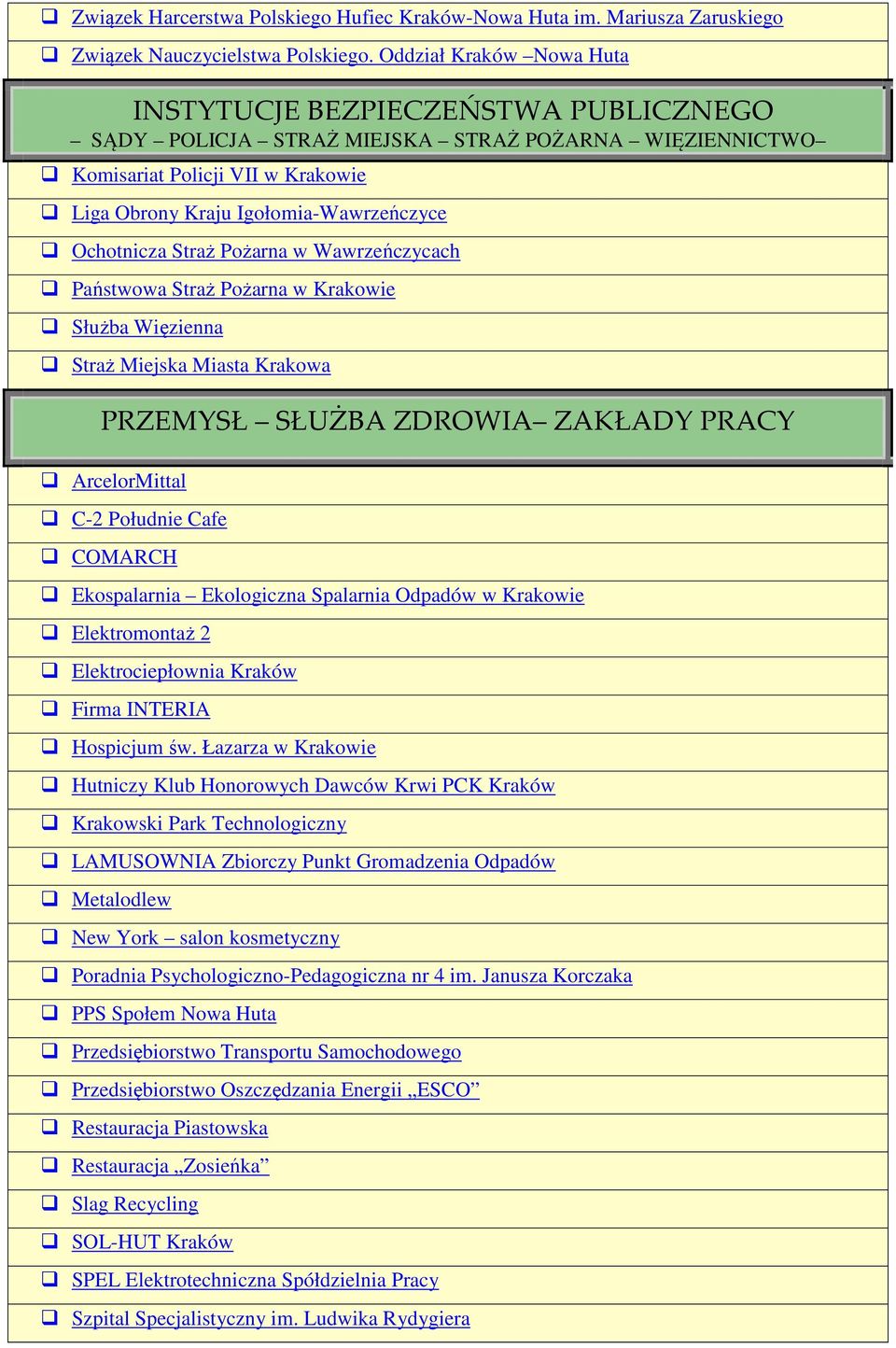 Ochotnicza Straż Pożarna w Wawrzeńczycach Państwowa Straż Pożarna w Krakowie Służba Więzienna Straż Miejska Miasta Krakowa PRZEMYSŁ SŁUŻBA ZDROWIA ZAKŁADY PRACY ArcelorMittal C-2 Południe Cafe