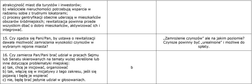 Czy zgadza się Pani/Pan, by ustawa o rewitalizacji dawała możliwość zamrażania wysokości czynszów w wybranym rejonie miasta? Zamrożenie czynszów ale na jakim poziomie?