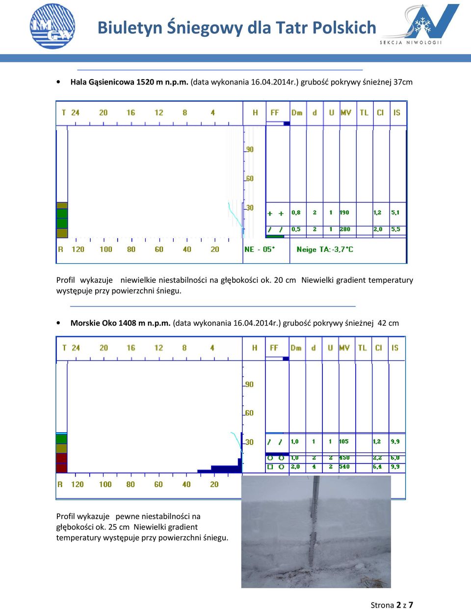 2 cm Niewielki gradient temperatury występuje przy powierzchni śniegu. Morskie Oko 148 m n.p.m. (data wykonania 16.