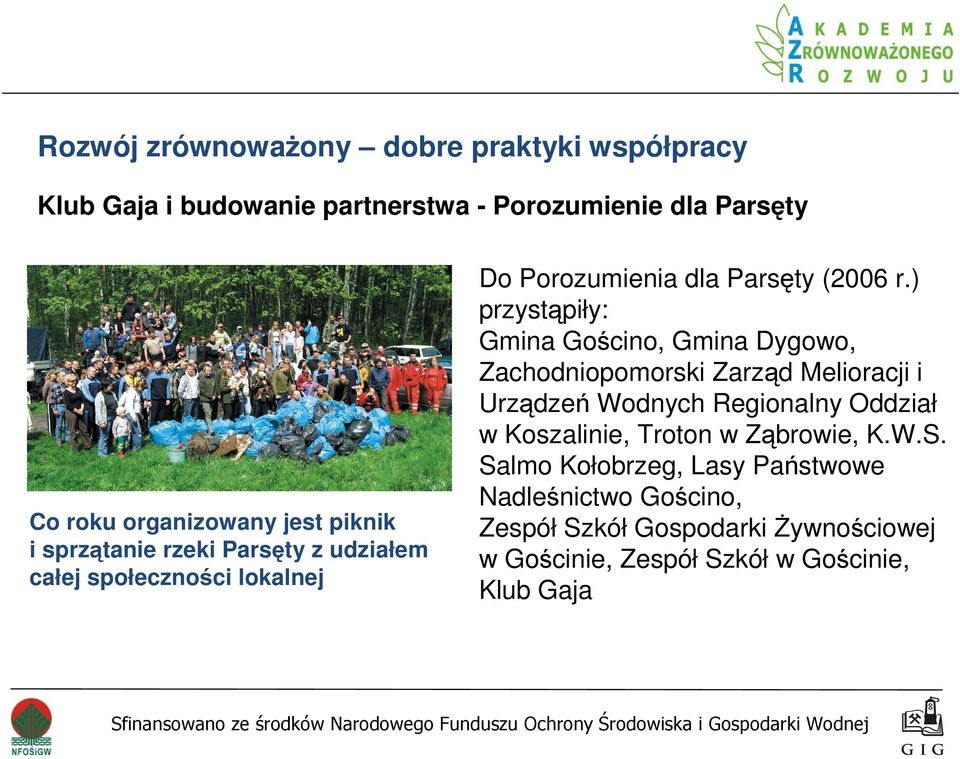 ) przystąpiły: Gmina Gościno, Gmina Dygowo, Zachodniopomorski Zarząd Melioracji i Urządzeń Wodnych Regionalny Oddział w Koszalinie,