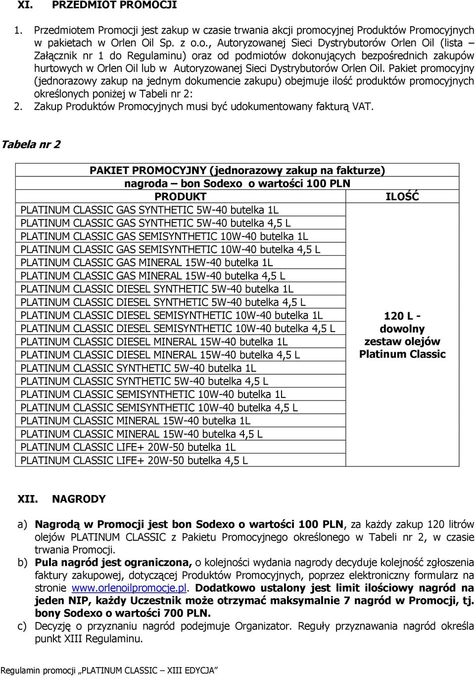 ocji jest zakup w czasie trwania akcji promocyjnej Produktów Promocyjnych w pakietach w Orlen Oil Sp. z o.o., Autoryzowanej Sieci Dystrybutorów Orlen Oil (lista Załącznik nr 1 do Regulaminu) oraz od