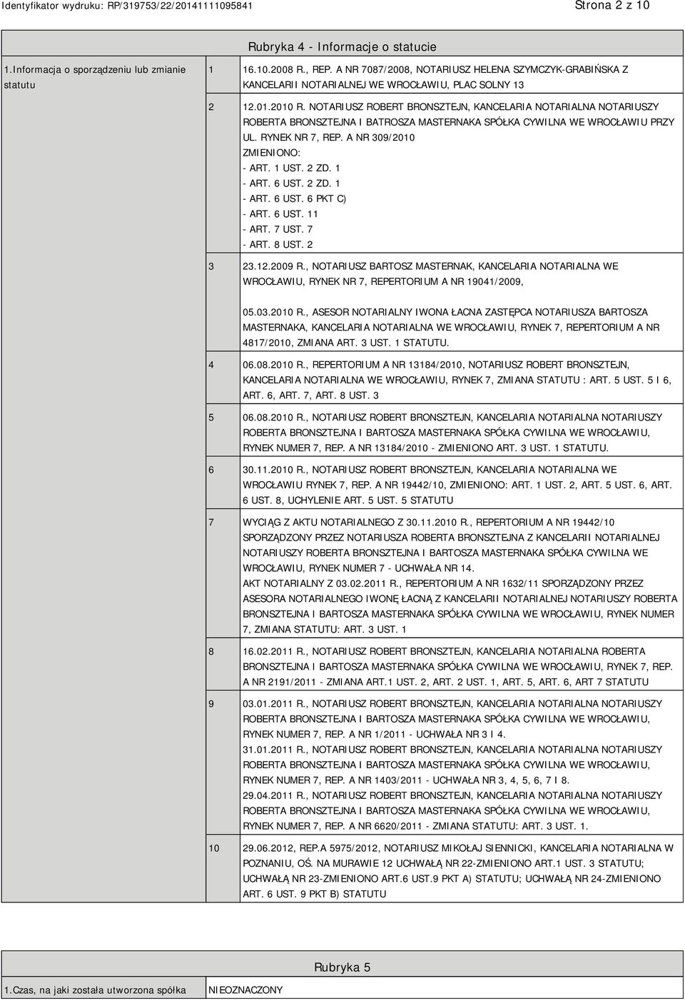 NOTARIUSZ ROBERT BRONSZTEJN, KANCELARIA NOTARIALNA NOTARIUSZY ROBERTA BRONSZTEJNA I BATROSZA MASTERNAKA SPÓŁKA CYWILNA WE WROCŁAWIU PRZY UL. RYNEK NR 7, REP. A NR 309/2010 ZMIENIONO: - ART. 1 UST.