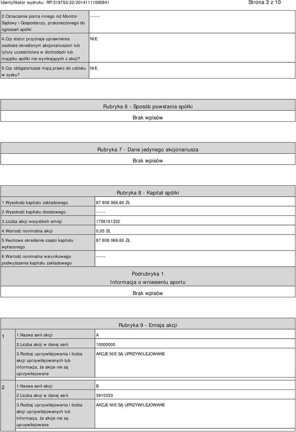 ------ Rubryka 6 - Sposób powstania spółki Rubryka 7 - Dane jedynego akcjonariusza Rubryka 8 - Kapitał spółki 1.Wysokość kapitału zakładowego 87 808 066,60 ZŁ 2.Wysokość kapitału docelowego ------ 3.