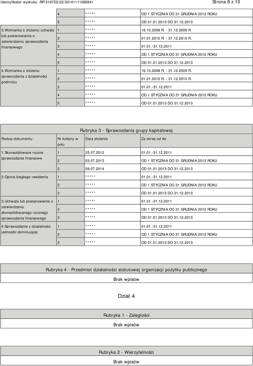 Wzmianka o złożeniu sprawozdania z działalności podmiotu 1 ***** 16.10.2008 R. - 31.12.2009 R. 2 ***** 01.01.2010 R. - 31.12.2010 R. 3 ***** 01.01.-31.12.2011 4 ***** OD 1 STYCZNIA DO 31 GRUDNIA 2012 ROKU 5 ***** OD 01.