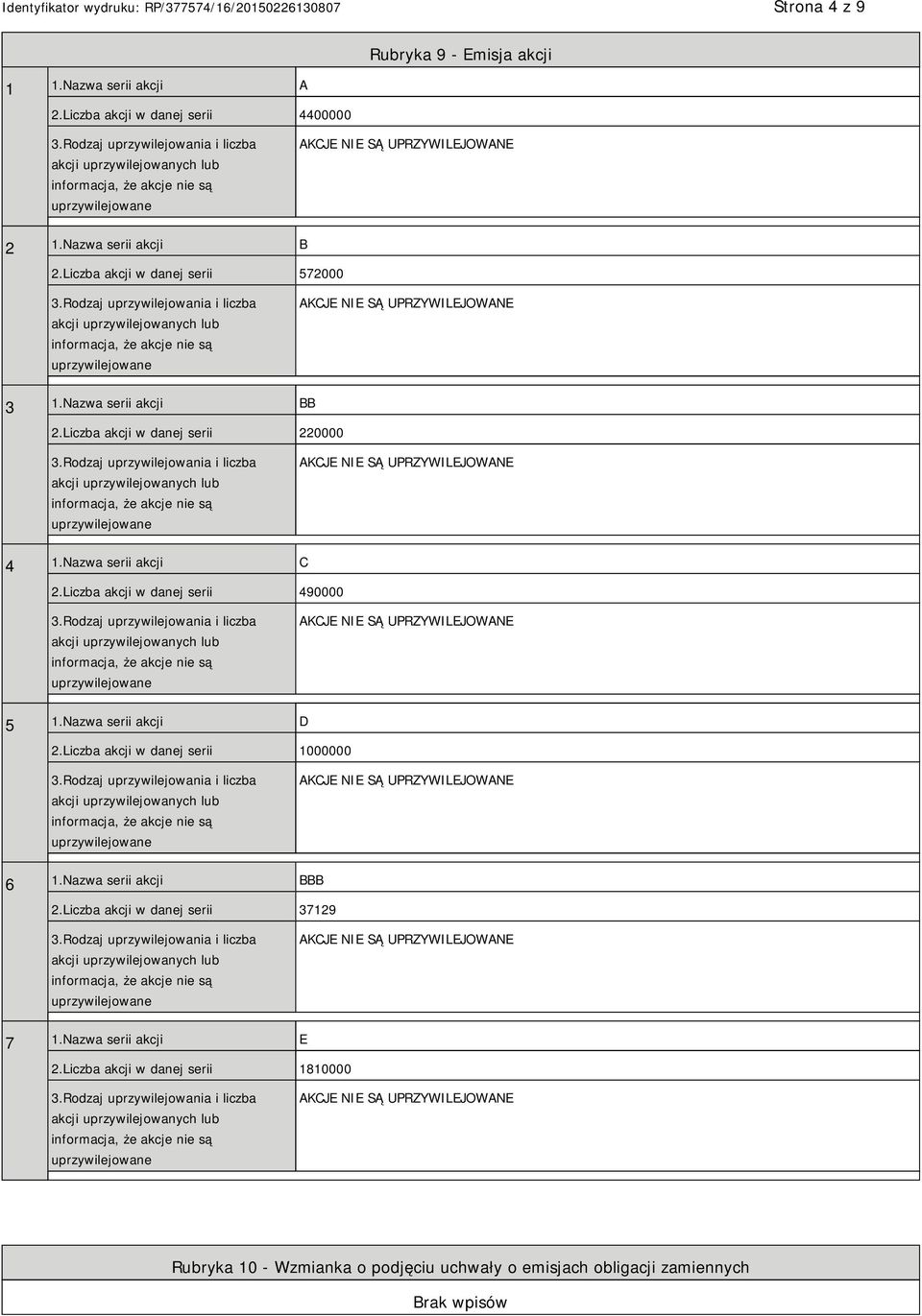 Liczba akcji w danej serii 490000 AKCJE SĄ UPRZYWILEJOWANE 5 1.Nazwa serii akcji D 2.Liczba akcji w danej serii 1000000 AKCJE SĄ UPRZYWILEJOWANE 6 1.Nazwa serii akcji BBB 2.