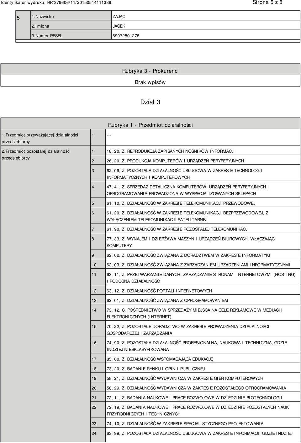 DZIAŁALNOŚĆ USŁUGOWA W ZAKRESIE TECHNOLOGII INFORMATYCZNYCH I KOMPUTEROWYCH 4 47, 41, Z, SPRZEDAŻ DETALICZNA KOMPUTERÓW, URZĄDZEŃ PERYFERYJNYCH I OPROGRAMOWANIA PROWADZONA W WYSPECJALIZOWANYCH