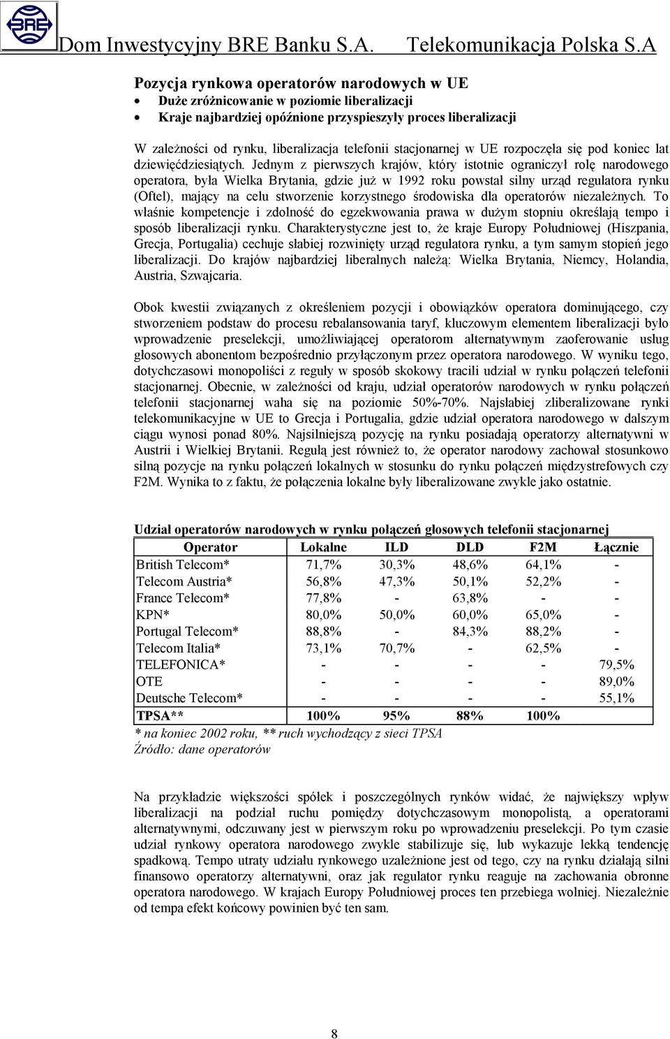 Jednym z pierwszych krajów, który istotnie ograniczył rolę narodowego operatora, była Wielka Brytania, gdzie już w 1992 roku powstał silny urząd regulatora rynku (Oftel), mający na celu stworzenie