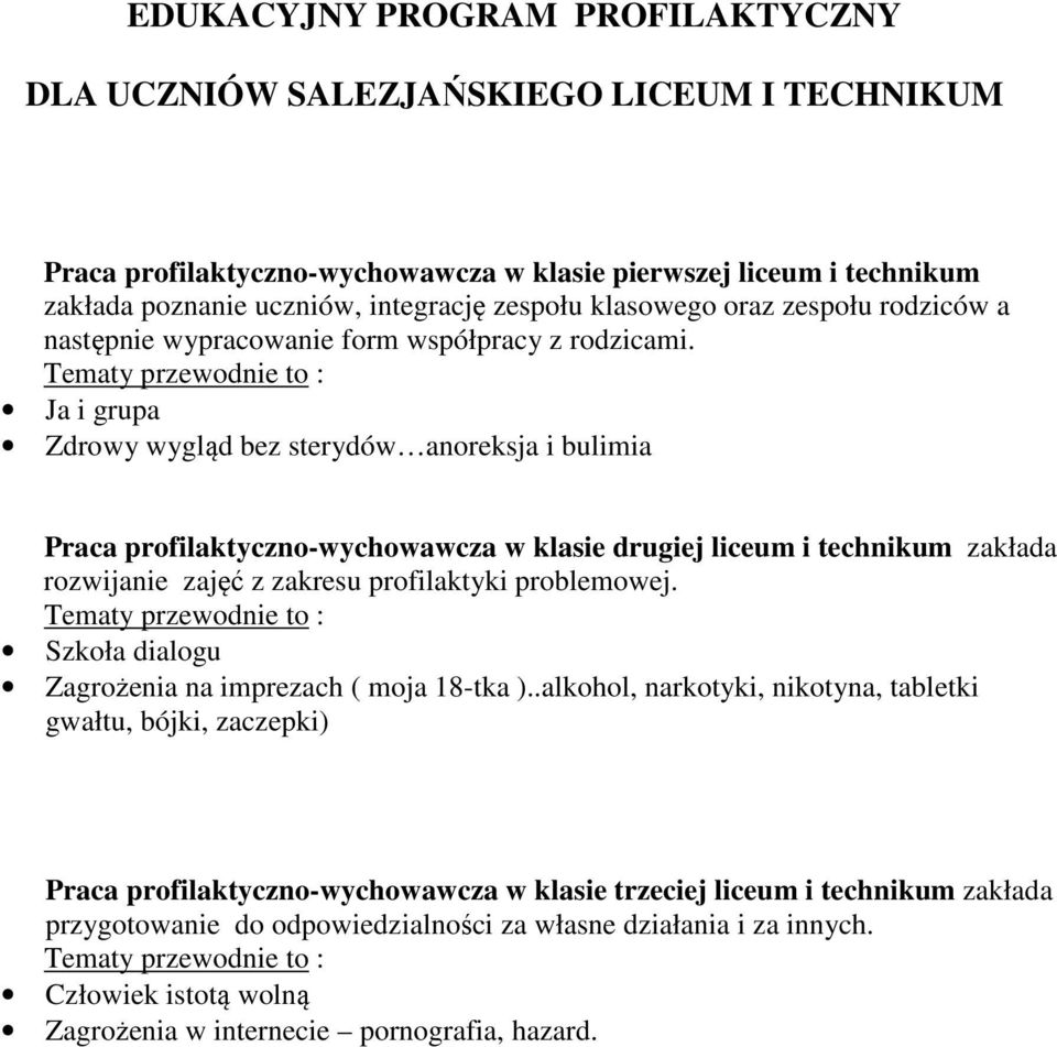 Ja i grupa Zdrowy wygląd bez sterydów anoreksja i bulimia Praca profilaktyczno-wychowawcza w klasie drugiej liceum i technikum zakłada rozwijanie zajęć z zakresu profilaktyki problemowej.