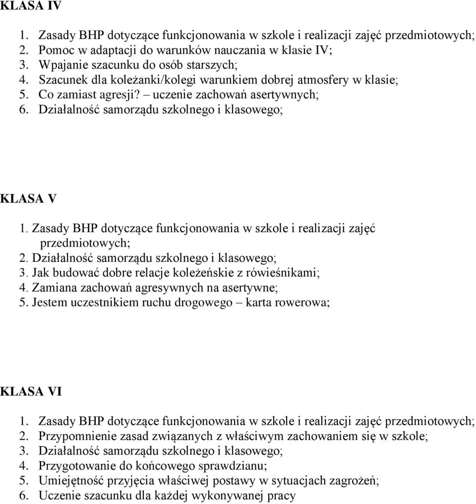 Zasady BHP dotyczące funkcjonowania w szkole i realizacji zajęć przedmiotowych; 2. Działalność samorządu szkolnego i klasowego; 3. Jak budować dobre relacje koleżeńskie z rówieśnikami; 4.