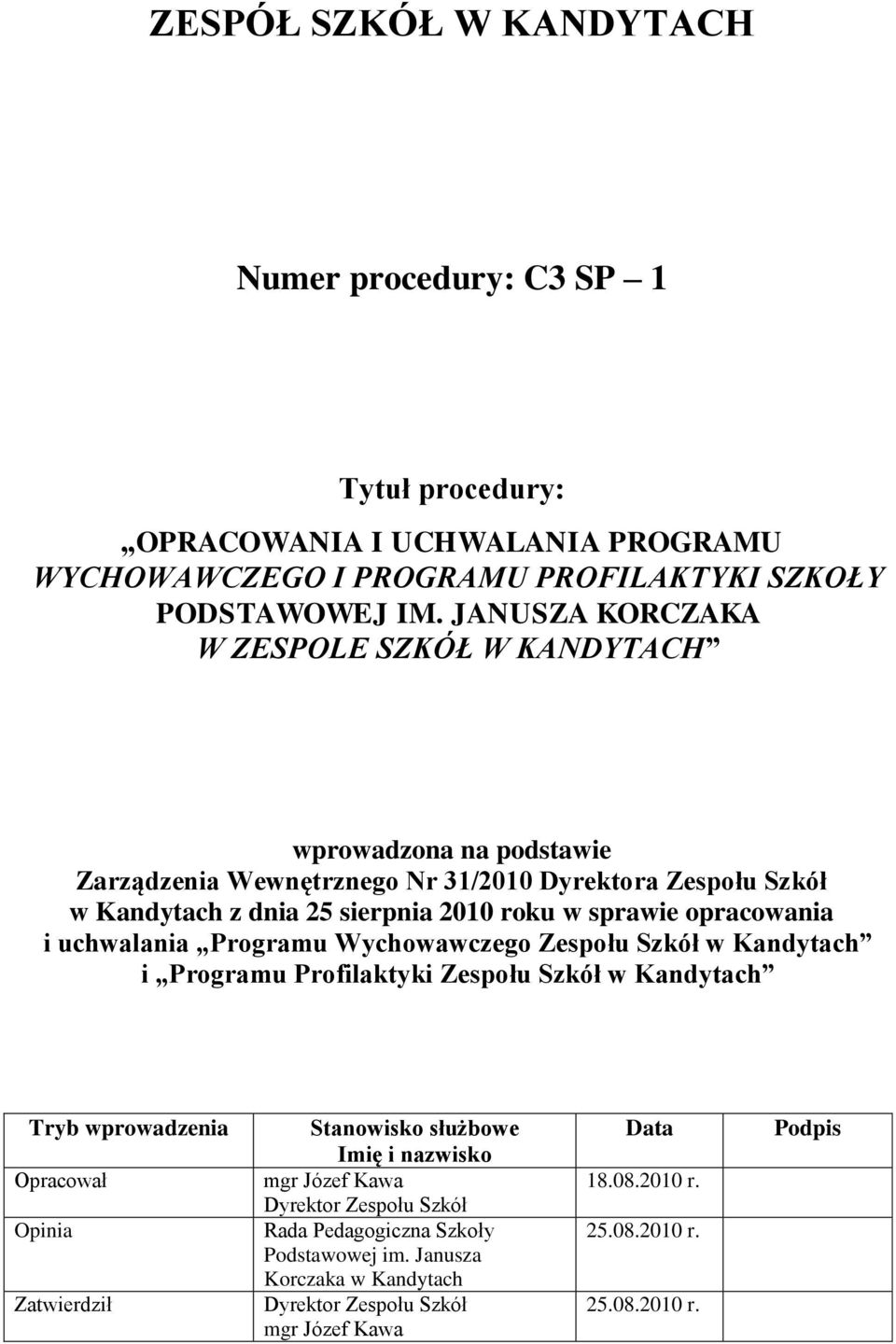 opracowania i uchwalania Programu Wychowawczego Zespołu Szkół w Kandytach i Programu Profilaktyki Zespołu Szkół w Kandytach Tryb wprowadzenia Opracował Opinia Zatwierdził Stanowisko