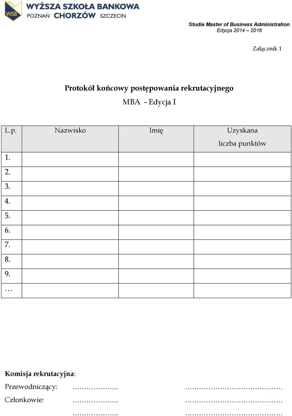 Nazwisko Imię Uzyskana liczba punktów 1. 2. 3. 4.