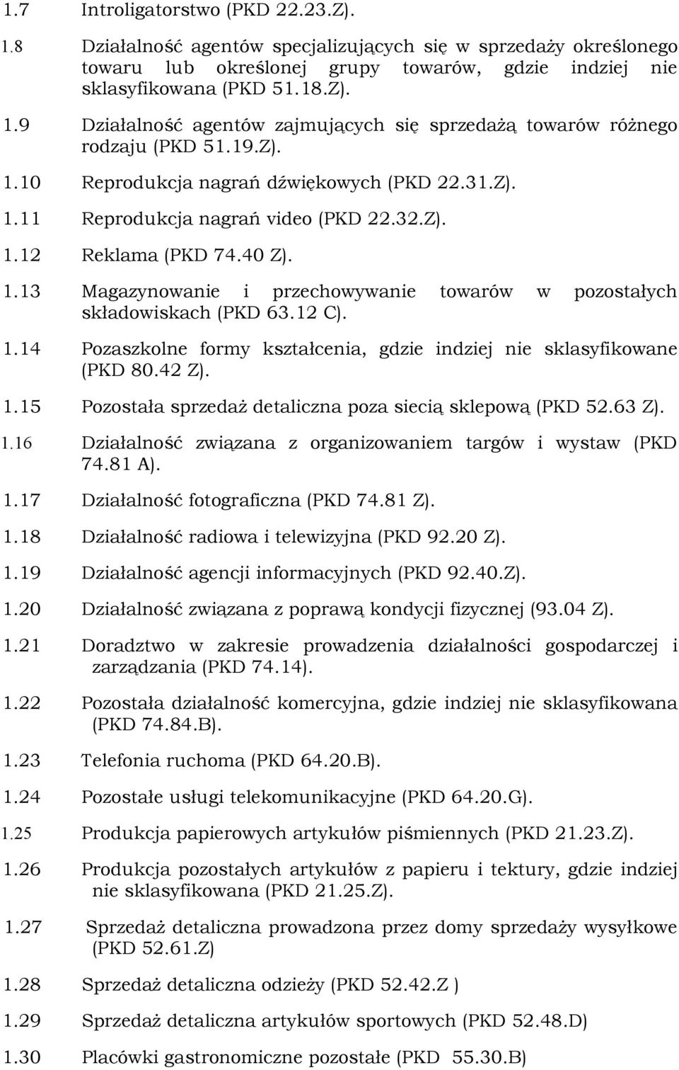 12 C). 1.14 Pozaszkolne formy kształcenia, gdzie indziej nie sklasyfikowane (PKD 80.42 Z). 1.15 Pozostała sprzedaż detaliczna poza siecią sklepową (PKD 52.63 Z). 1.16 Działalność związana z organizowaniem targów i wystaw (PKD 74.