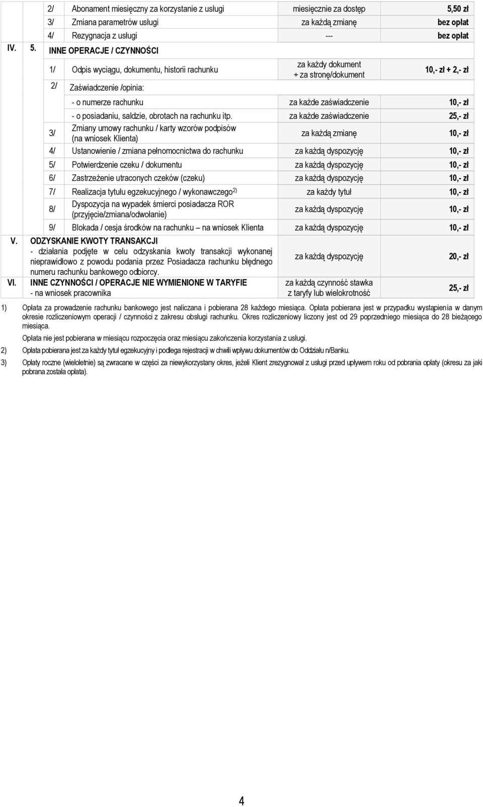 INNE OPERACJE / CZYNNOŚCI 1/ Odpis wyciągu, dokumentu, historii rachunku 2/ Zaświadczenie /opinia: za każdy dokument + za stronę/dokument 10,- zł + 2,- zł - o numerze rachunku za każde zaświadczenie