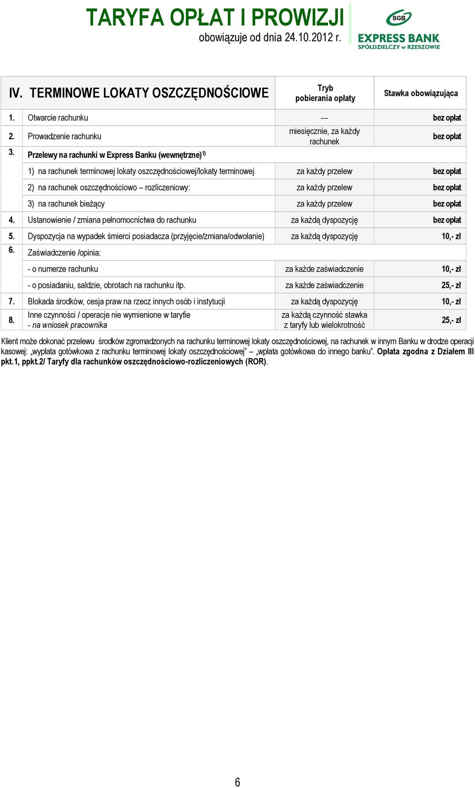 rozliczeniowy: za każdy przelew 3) na rachunek bieżący za każdy przelew 4. Ustanowienie / zmiana pełnomocnictwa do rachunku za każdą dyspozycję 5.