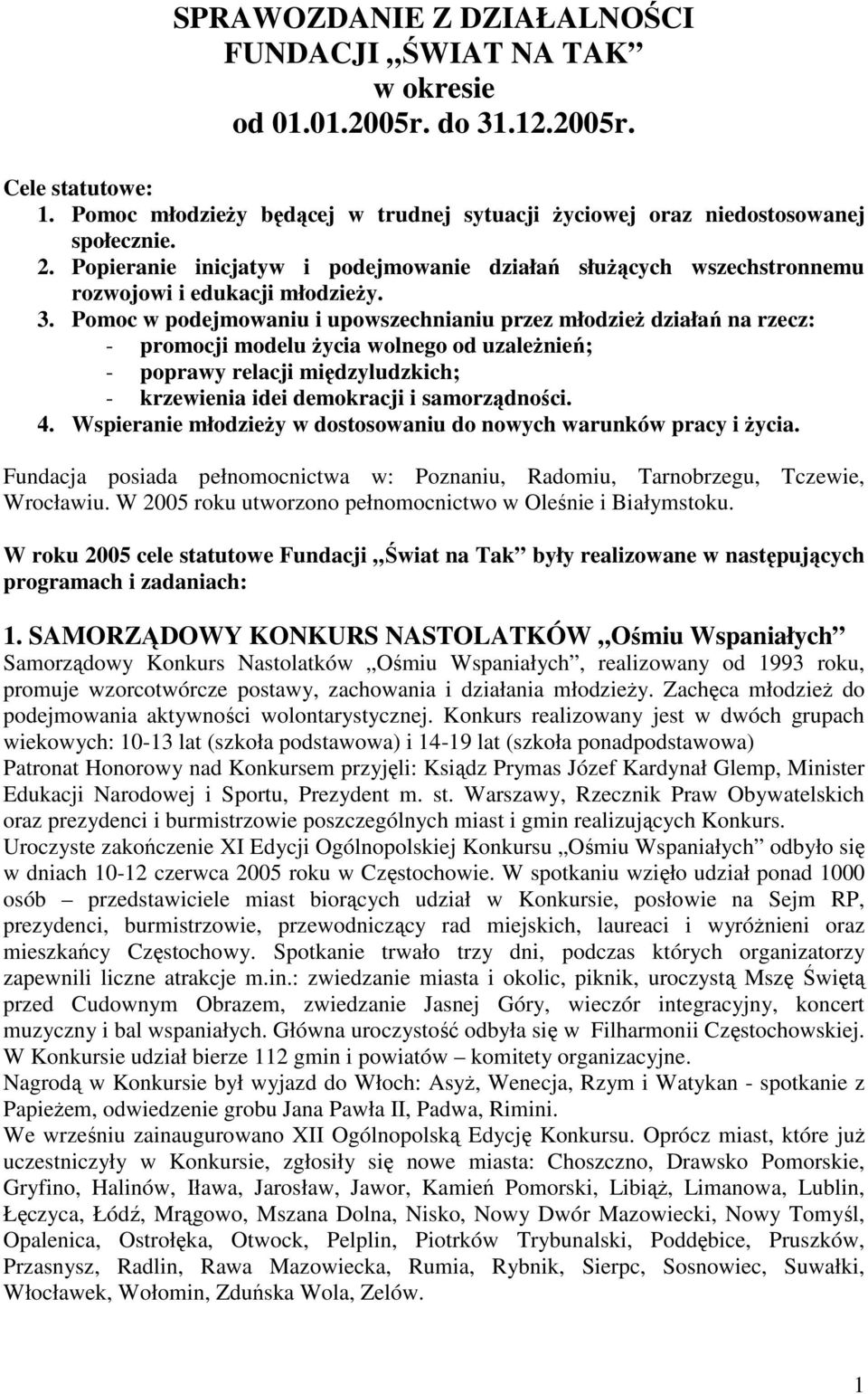 Pomoc w podejmowaniu i upowszechnianiu przez młodzieŝ działań na rzecz: - promocji modelu Ŝycia wolnego od uzaleŝnień; - poprawy relacji międzyludzkich; - krzewienia idei demokracji i samorządności.