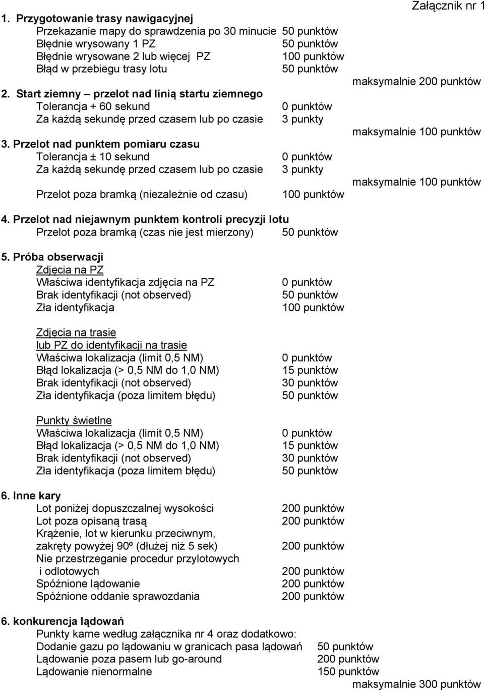 Przelot nad punktem pomiaru czasu Tolerancja ± 10 sekund Za każdą sekundę przed czasem lub po czasie 3 punkty Przelot poza bramką (niezależnie od czasu) 10 Załącznik nr 1 maksymalnie maksymalnie 10