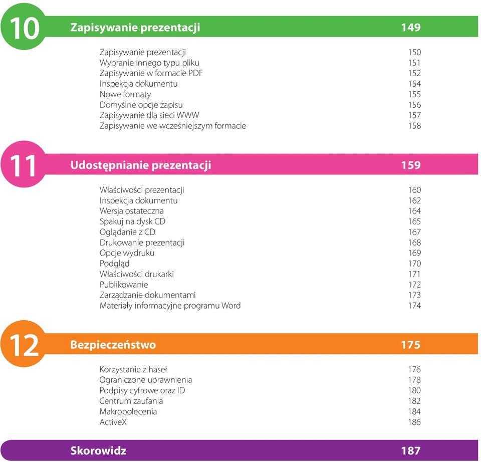 Spakuj na dysk CD 65 Oglądanie z CD 67 Drukowanie prezentacji 68 Opcje wydruku 69 Podgląd 70 Właściwości drukarki 7 Publikowanie 7 Zarządzanie dokumentami 73 Materiały