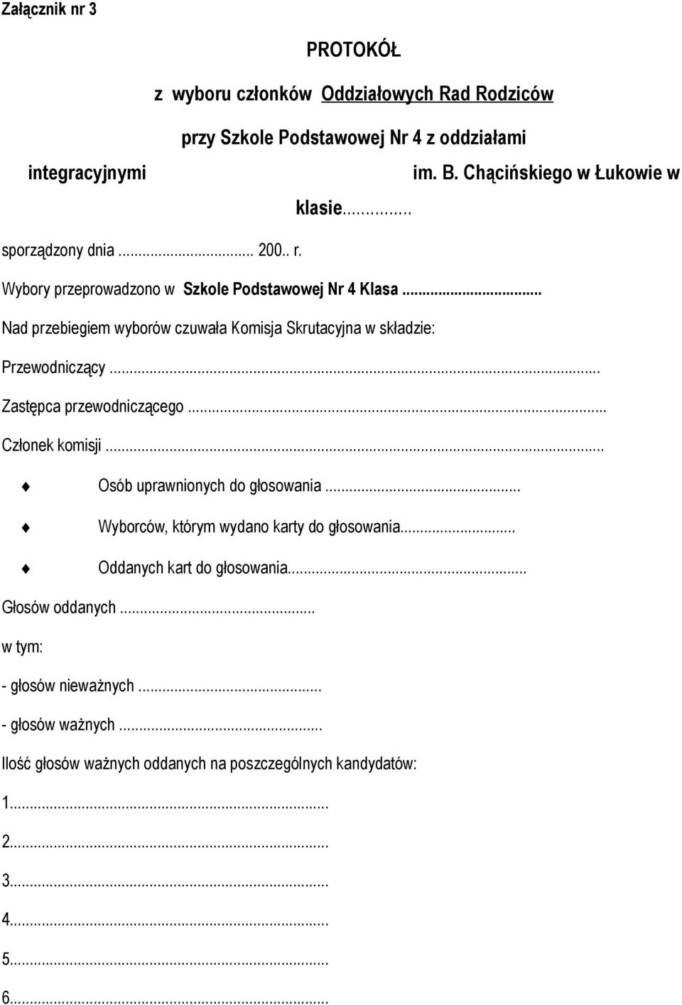 .. Nad przebiegiem wyborów czuwała Komisja Skrutacyjna w składzie: Przewodniczący... Zastępca przewodniczącego... Członek komisji... Osób uprawnionych do głosowania.