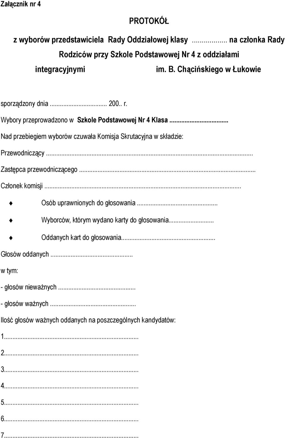 .. Nad przebiegiem wyborów czuwała Komisja Skrutacyjna w składzie: Przewodniczący... Zastępca przewodniczącego... Członek komisji... Osób uprawnionych do głosowania.