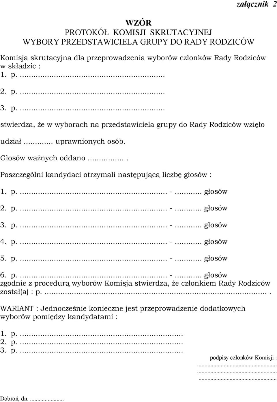 p.... -... głosów 2. p.... -... głosów 3. p.... -... głosów 4. p.... -... głosów 5. p.... -... głosów 6. p.... -... głosów zgodnie z procedurą wyborów Komisja stwierdza, że członkiem Rady Rodziców został(a) : p.