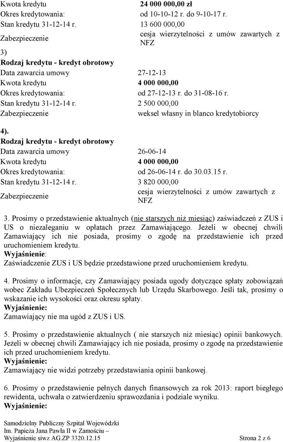 Stan kredytu 31-12-14 r. 2 500 000,00 weksel własny in blanco kredytobiorcy 4).