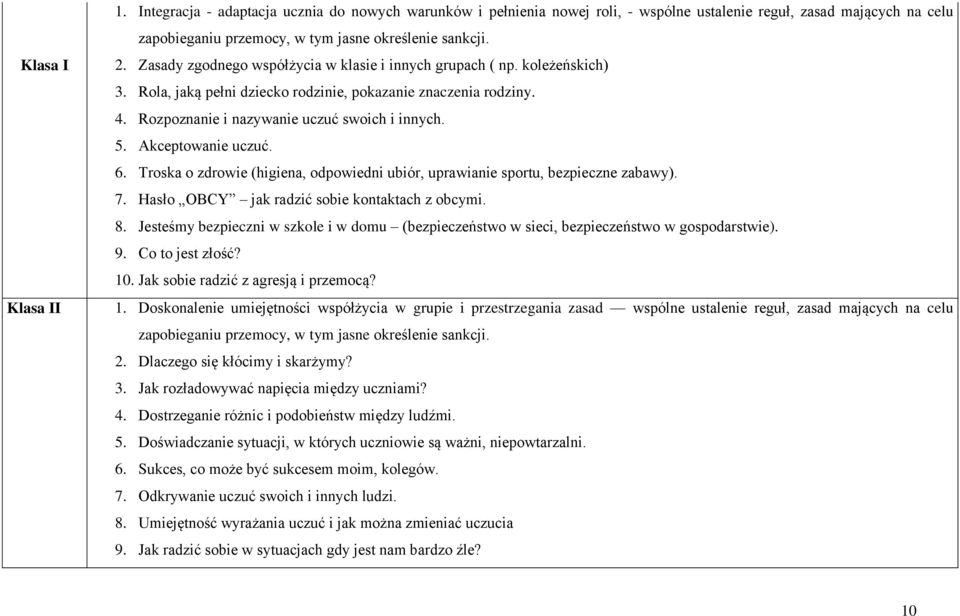 Akceptowanie uczuć. 6. Troska o zdrowie (higiena, odpowiedni ubiór, uprawianie sportu, bezpieczne zabawy). 7. Hasło OBCY jak radzić sobie kontaktach z obcymi. 8.