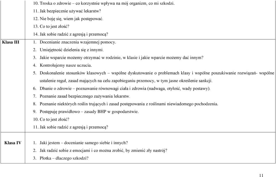 Jakie wsparcie możemy otrzymać w rodzinie, w klasie i jakie wparcie możemy dać innym? 4. Kontrolujemy nasze uczucia. 5.