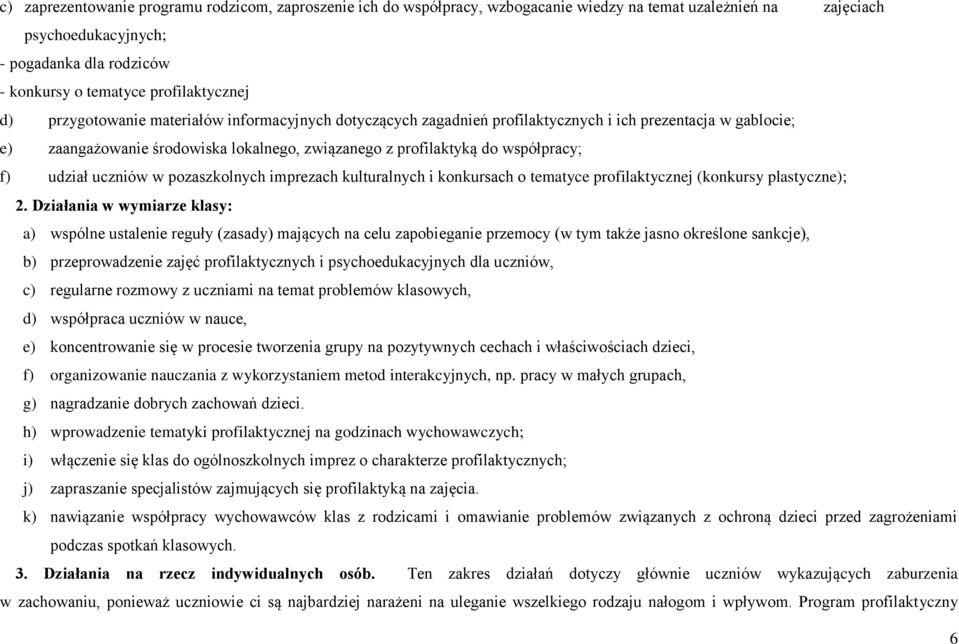 współpracy; f) udział uczniów w pozaszkolnych imprezach kulturalnych i konkursach o tematyce profilaktycznej (konkursy plastyczne); 2.