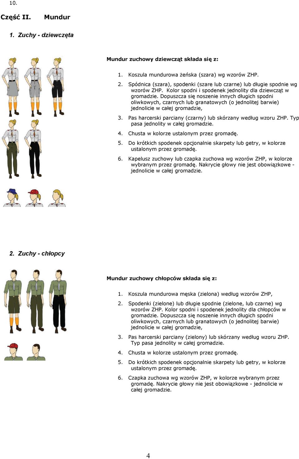Dopuszcza się noszenie innych długich spodni oliwkowych, czarnych lub granatowych (o jednolitej barwie) jednolicie w całej gromadzie, 3. Pas harcerski parciany (czarny) lub skórzany według wzoru ZHP.