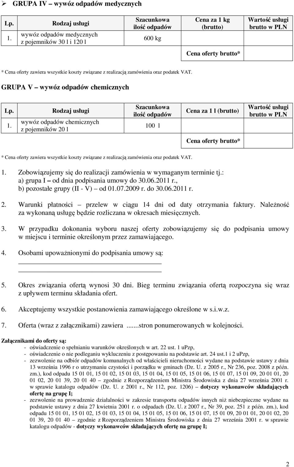 koszty związane z realizacją zamówienia oraz podatek VAT. GRUPA V wywóz odpadów chemicznych Lp. 1.