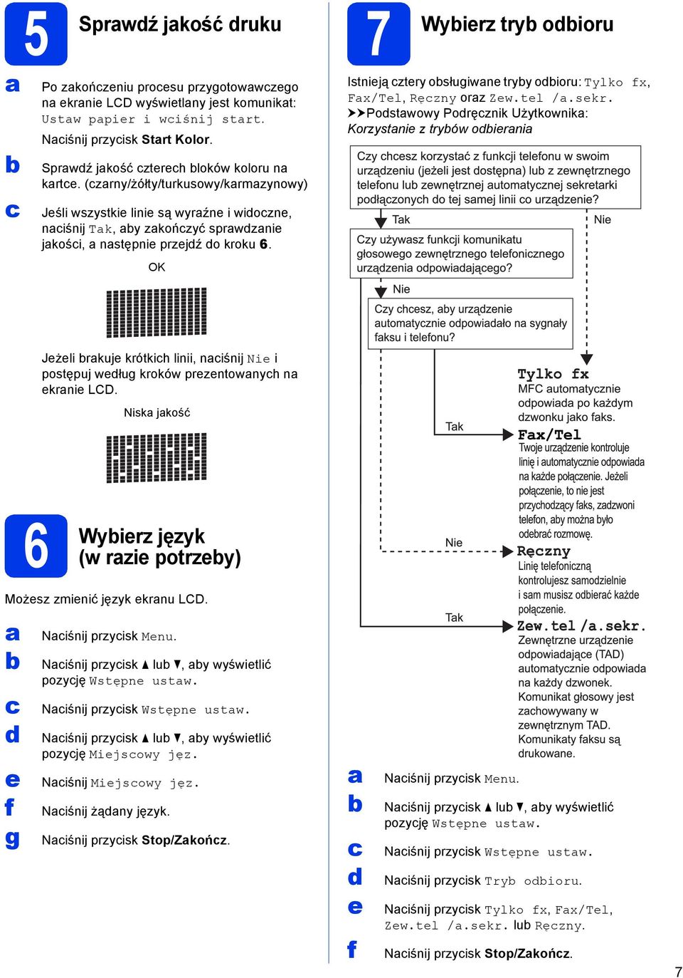 OK 7 Wyierz try oioru Istnieją ztery osługiwne tryy oioru: Tylko fx, Fx/Tel, Ręzny orz Zew.tel /.sekr.